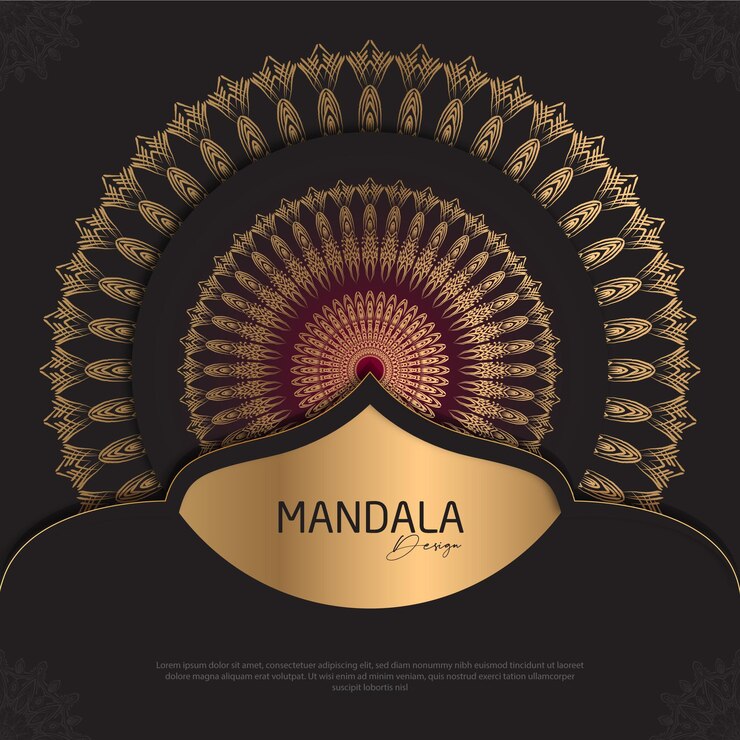 Diseño de mandala redondo diseño de lujo texto de pincel dorado