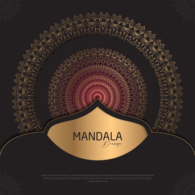 Diseño de mandala redondo diseño de lujo texto de pincel dorado