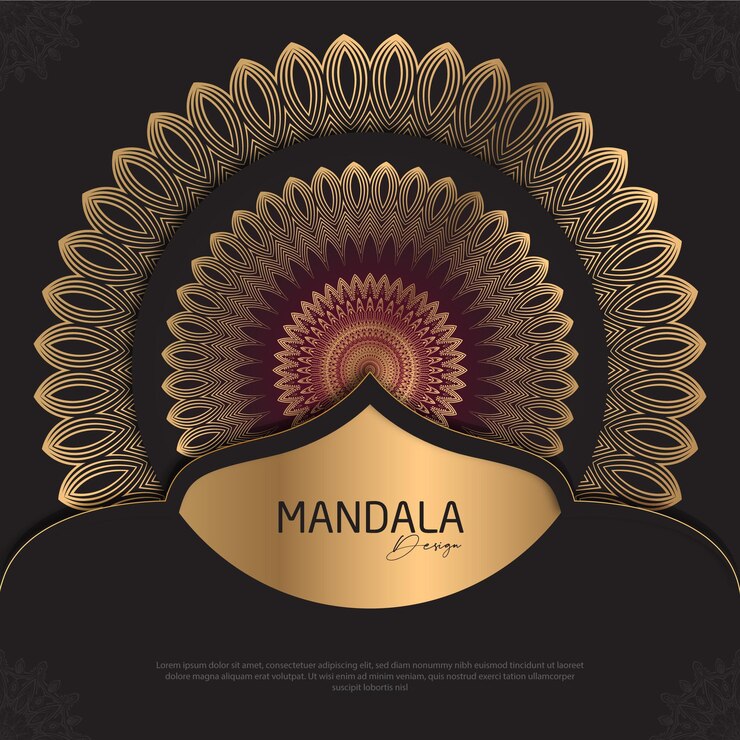 Diseño de mandala redondo diseño de lujo texto de pincel dorado