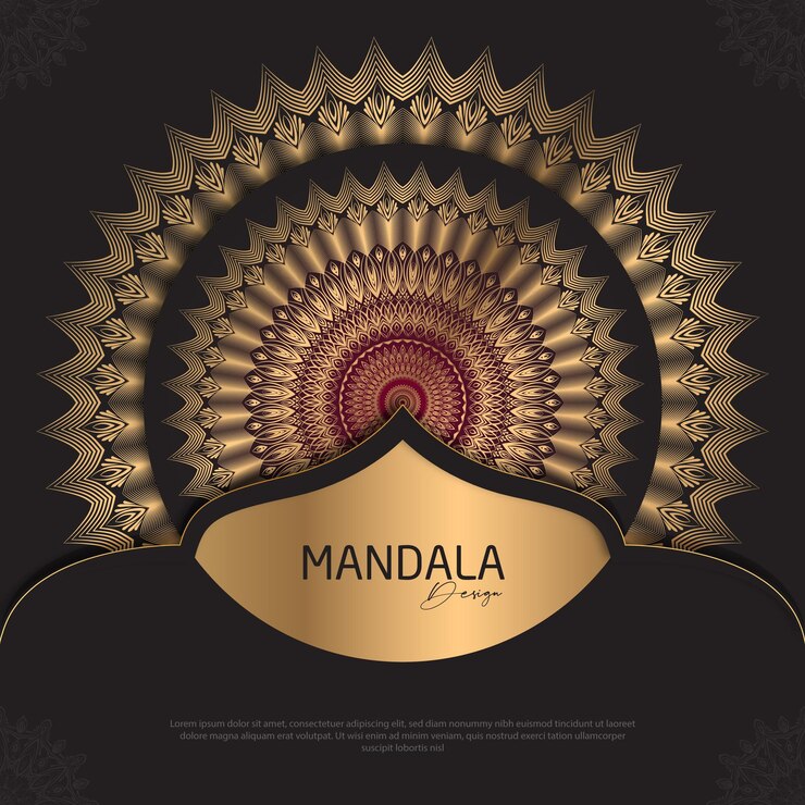 Diseño de mandala redondo diseño de lujo texto de pincel dorado