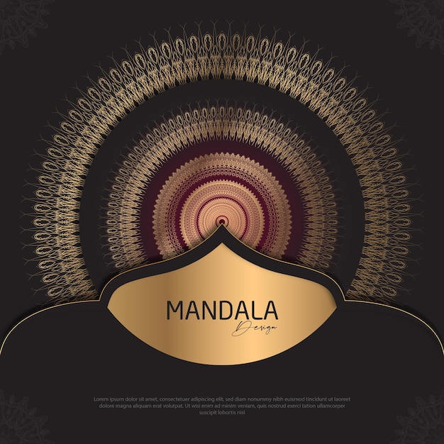 Diseño de mandala redondo diseño de lujo texto de pincel dorado