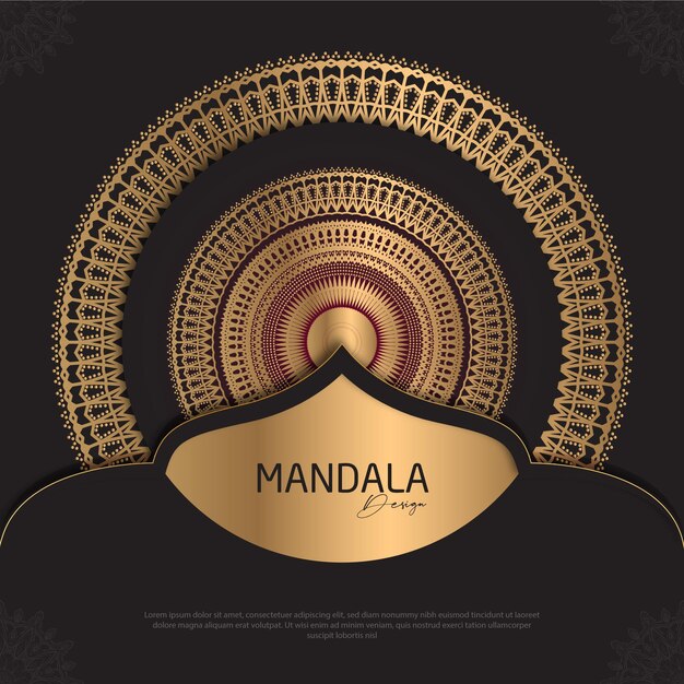 Diseño de mandala redondo diseño de lujo texto de pincel dorado