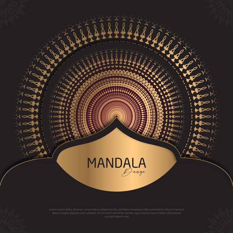 Diseño de mandala redondo diseño de lujo texto de pincel dorado