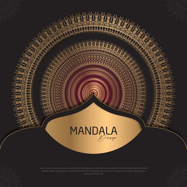 Diseño de mandala redondo diseño de lujo texto de pincel dorado