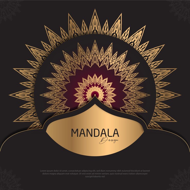 Diseño de mandala redondo diseño de lujo texto de pincel dorado