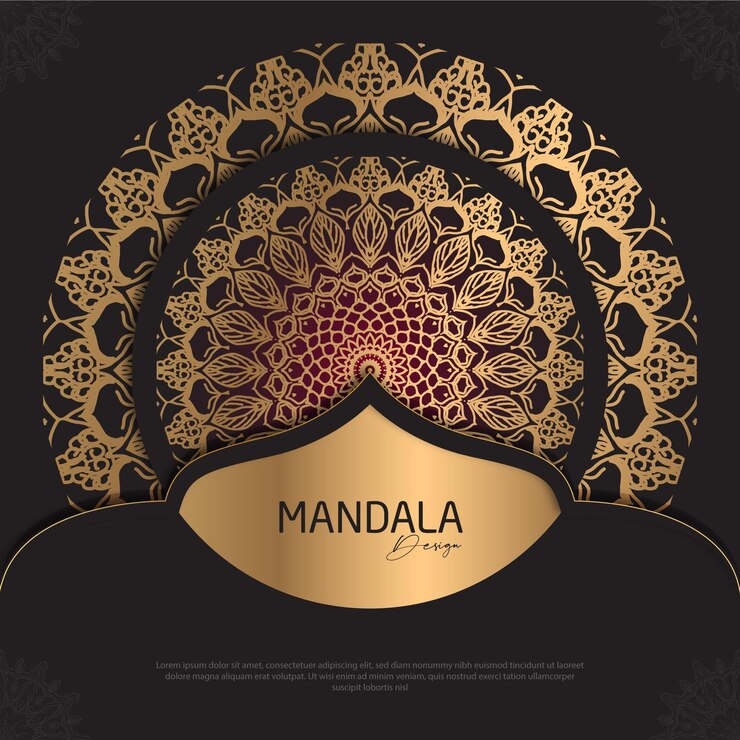 Diseño de mandala redondo diseño de lujo texto de pincel dorado