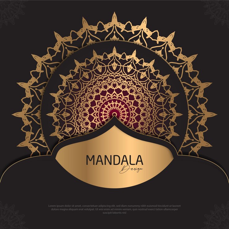 Diseño de mandala redondo diseño de lujo texto de pincel dorado
