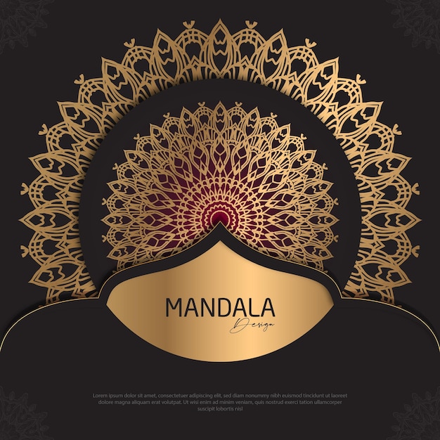 Diseño de mandala redondo diseño de lujo texto de pincel dorado