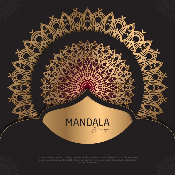 Diseño de mandala redondo diseño de lujo texto de pincel dorado