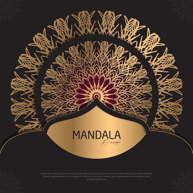 Diseño de mandala redondo diseño de lujo texto de pincel dorado