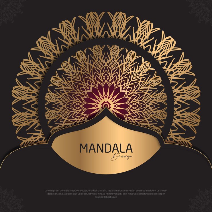 Diseño de mandala redondo diseño de lujo texto de pincel dorado