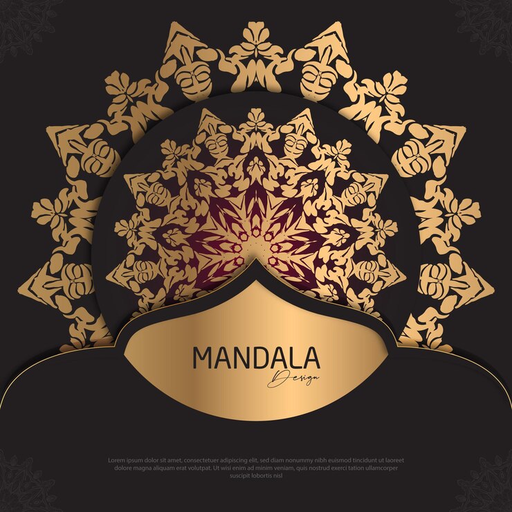 Diseño de mandala redondo diseño de lujo texto de pincel dorado