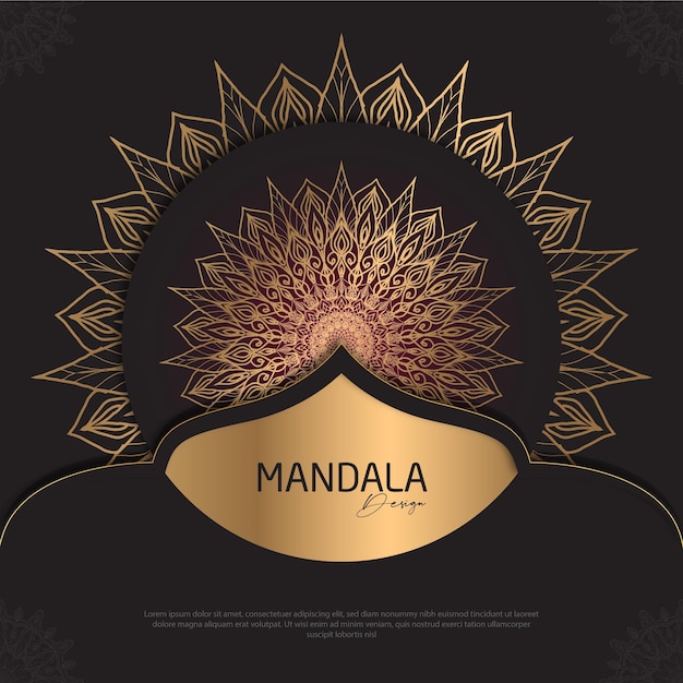 Diseño de mandala redondo diseño de lujo texto de pincel dorado