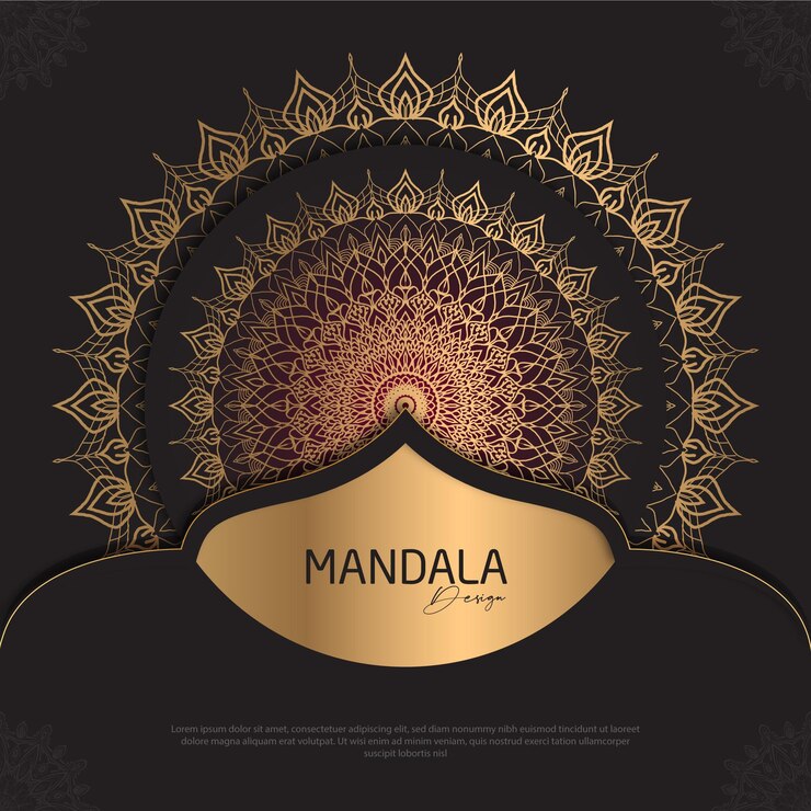 Diseño de mandala redondo diseño de lujo texto de pincel dorado