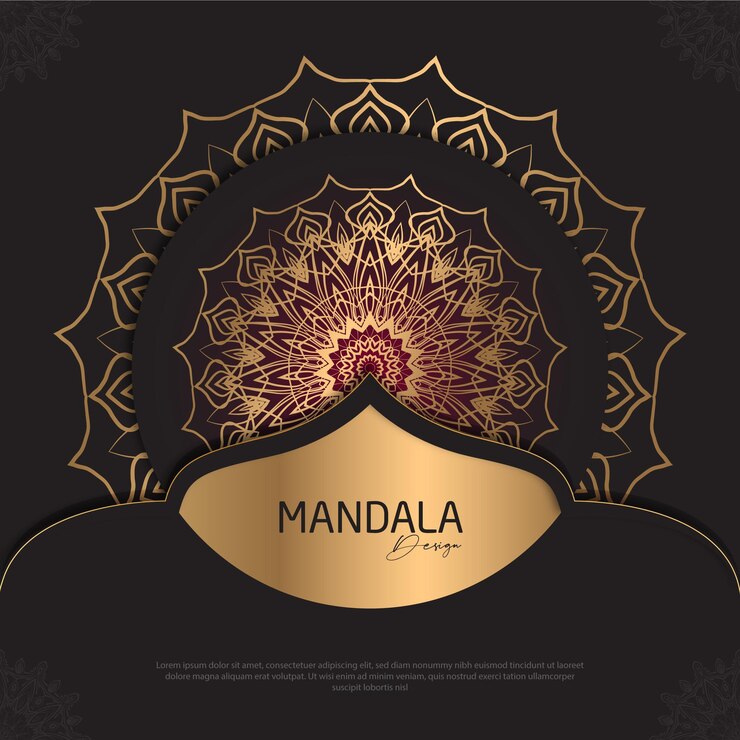 Diseño de mandala redondo diseño de lujo texto de pincel dorado