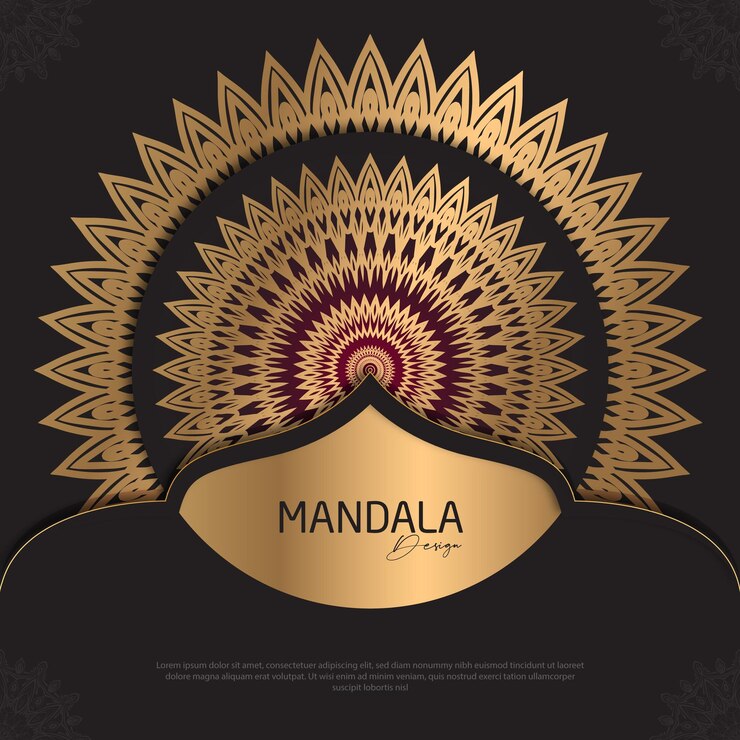 Diseño de mandala redondo diseño de lujo texto de pincel dorado