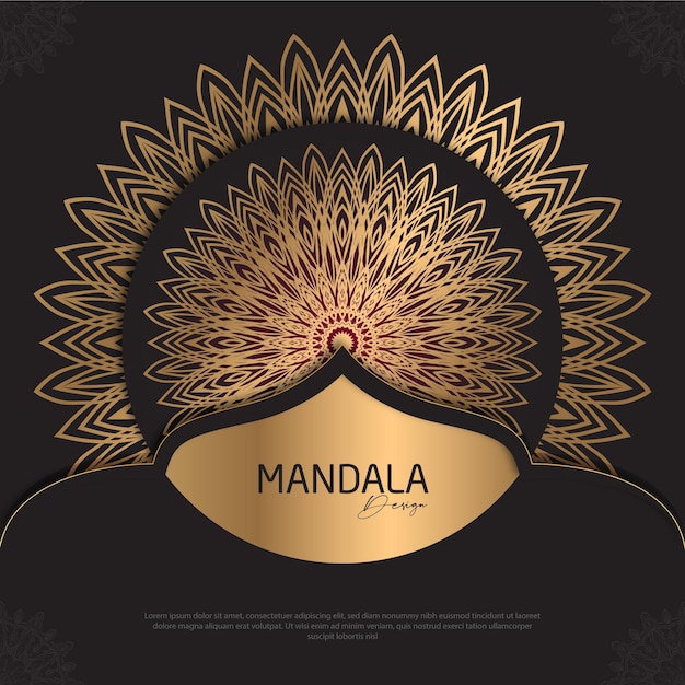 Diseño de mandala redondo diseño de lujo texto de pincel dorado