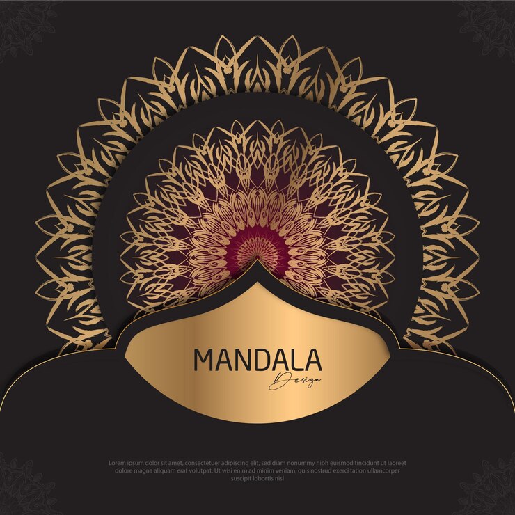 Diseño de mandala redondo diseño de lujo texto de pincel dorado