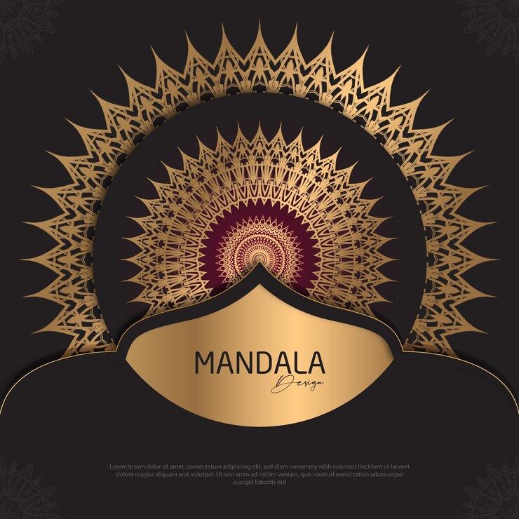 Diseño de mandala redondo diseño de lujo texto de pincel dorado