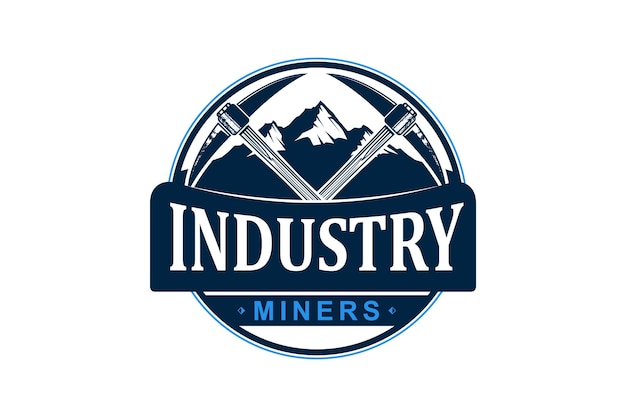 Diseño manual del logotipo de la minería utilizando un hacha de pico en áreas montañosas rocosas