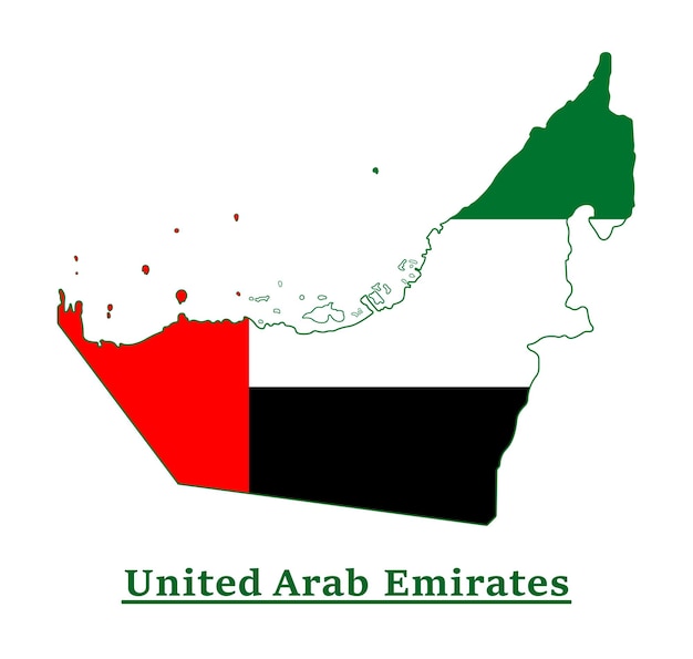 Diseño del mapa de la bandera nacional de los emiratos árabes unidos, ilustración de la bandera del país de los emiratos dentro del mapa