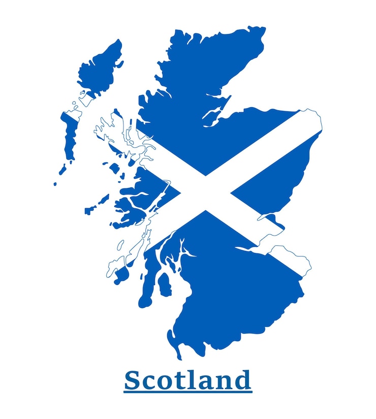 Vector diseño del mapa de la bandera nacional de escocia, ilustración de la bandera del país de escocia dentro del mapa