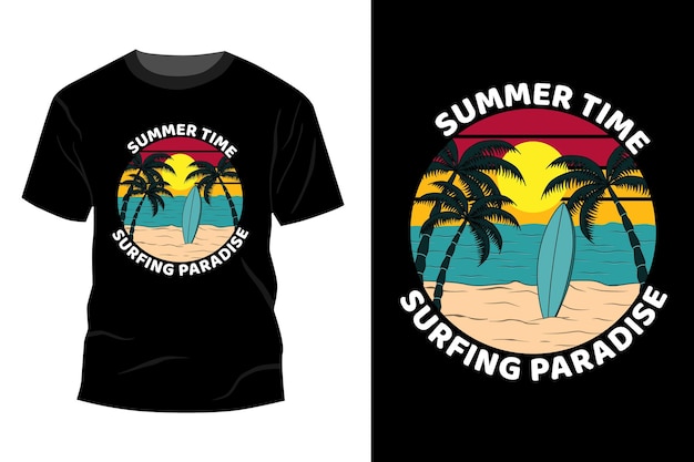 Diseño de maqueta de camiseta de paraíso de surf en horario de verano vintage retro