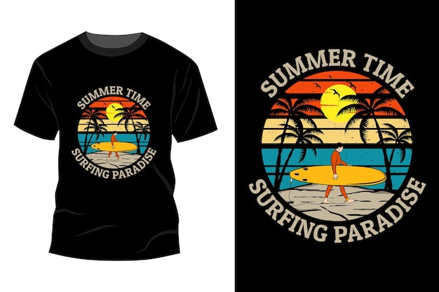 Diseño de maqueta de camiseta de paraíso de surf de verano retro vintage