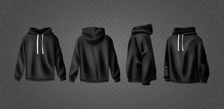 Vector diseño de maquillaje de capucha negra con múltiples ángulos que muestran los lados delantero y trasero fondo transparente