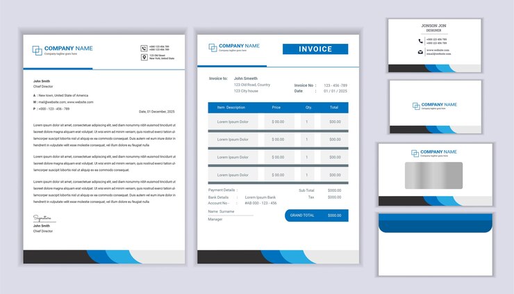 Diseño de marca corporativa de papelería clásica con plantilla de membrete, factura y tarjeta de visita.