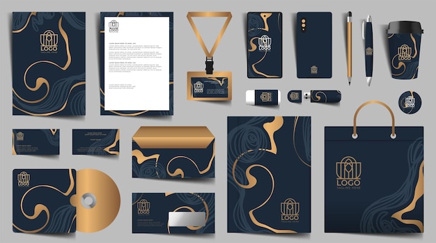 Diseño de marca premium de identidad corporativa conjunto de megapack vectorial de maqueta de papelería plantilla para empresa comercial o financiera carpeta y tarjeta de visita de carta a4 y sobre basado en logotipo dorado moderno