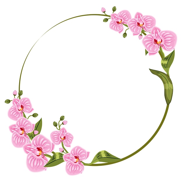 Diseño de marco de flores de orquídeas rosadas con hojas sobre un fondo blanco.
