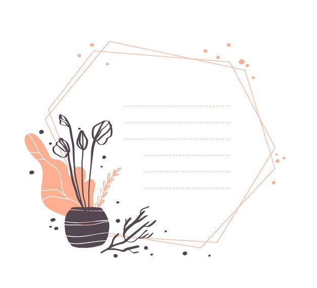 Diseño de marco geométrico abstracto de vector con cactus en maceta, ramas, arreglos de elementos florales aislados sobre fondo blanco. Estilo de boceto dibujado a mano. Bueno para invitaciones de boda, tarjetas, etiquetas, etc.