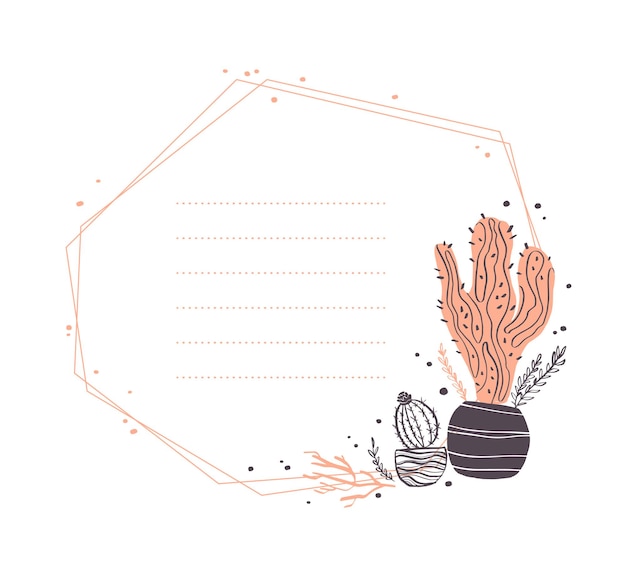 Diseño de marco geométrico abstracto de vector con cactus en maceta, ramas, arreglos de elementos florales aislados sobre fondo blanco. Estilo de boceto dibujado a mano. Bueno para invitaciones de boda, tarjetas, etiquetas, etc.