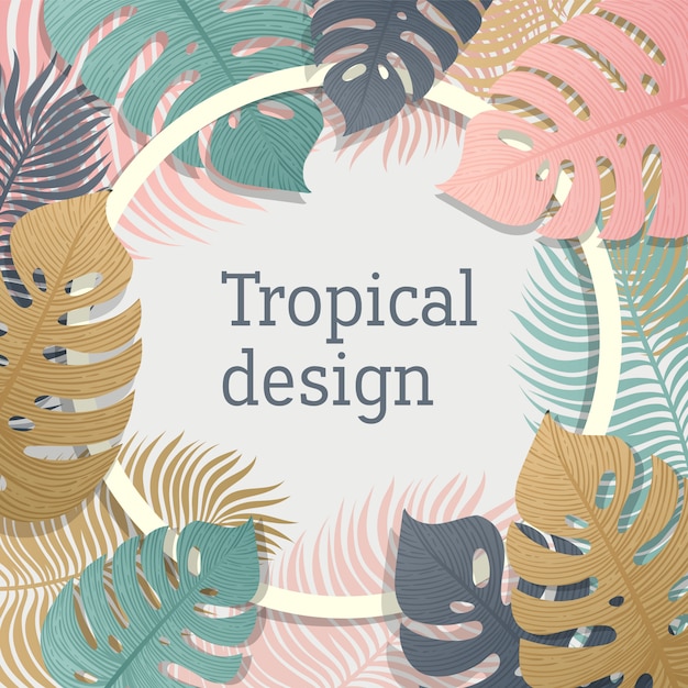 Diseño de marco de hoja tropical en colores pastel.