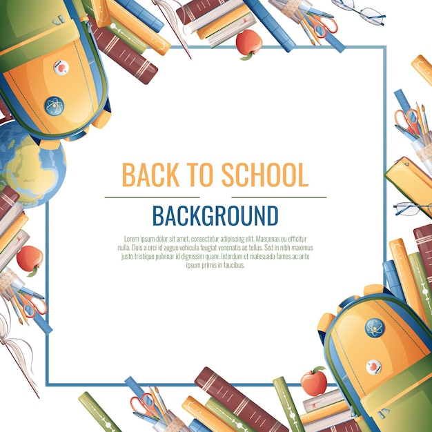 Diseño de marco de regreso a la escuela Postal de cartel con mochila libros globo Educación de conocimiento escolar Fondo con la escuela