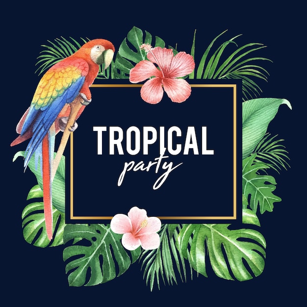 Diseño de marco tropical con follaje y pájaro, ilustración vectorial.