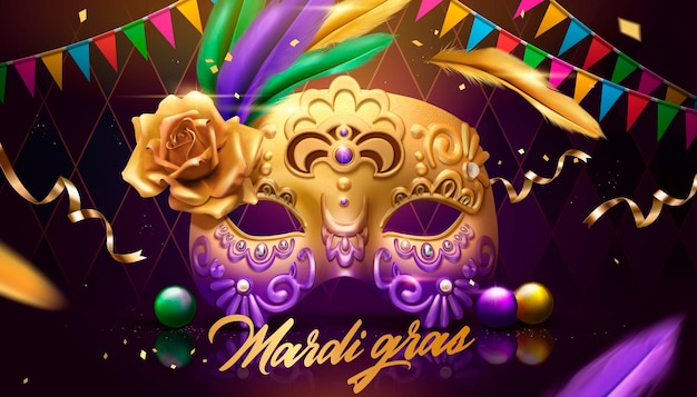 Vector diseño de mardi gras con máscara dorada, banderas de colores y decoración de plumas sobre fondo de rombo púrpura, ilustración 3d