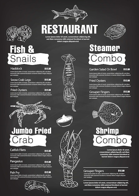 Diseño de mariscos para menús y carteles Dibujado en estilo tradicional
