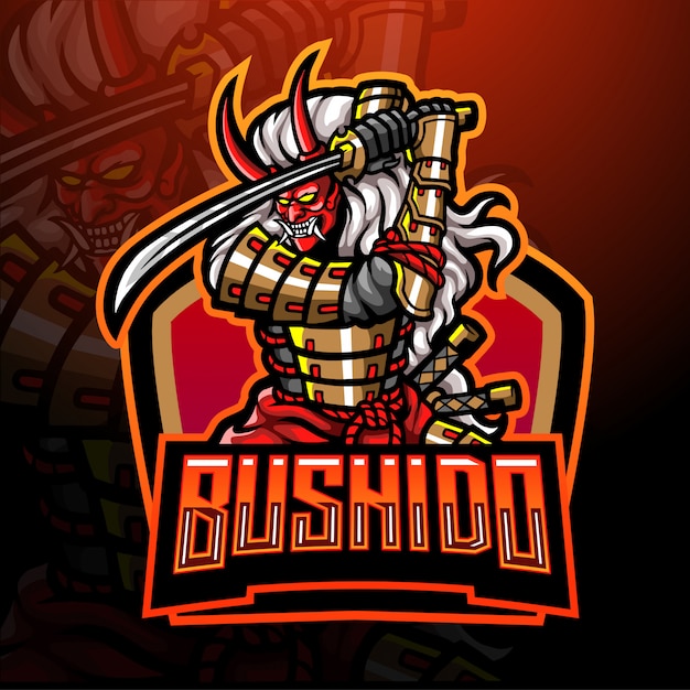 Diseño de mascota de logo de samurai esport malvado