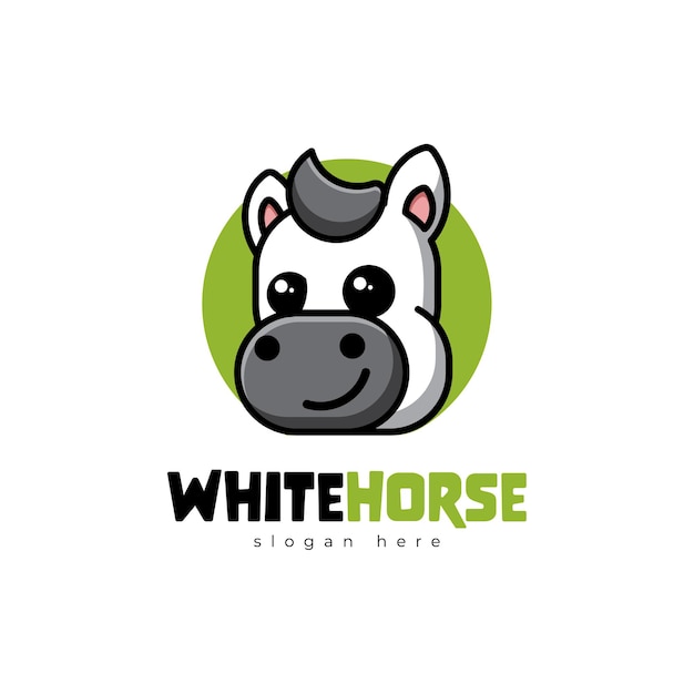 Diseño de mascota de logotipo de dibujos animados lindo de caballo blanco Kawaii