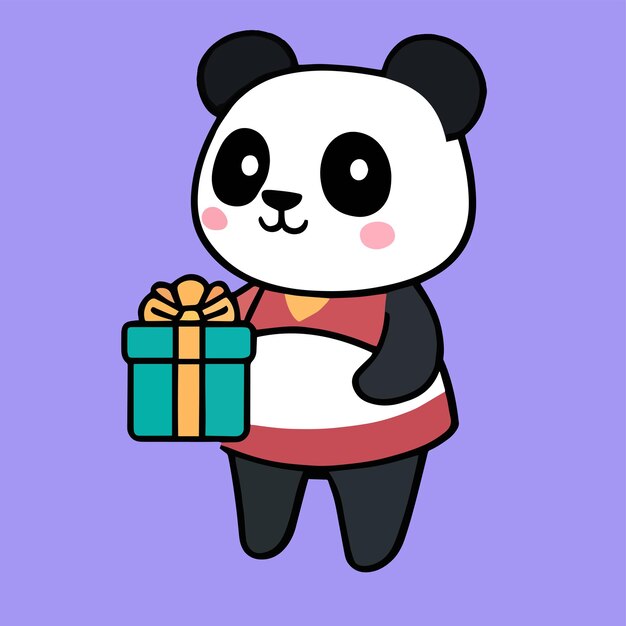 Diseño de mascota para un panda que lleva una linda caja de regalo diseño de dibujos animados planos en estilo animal