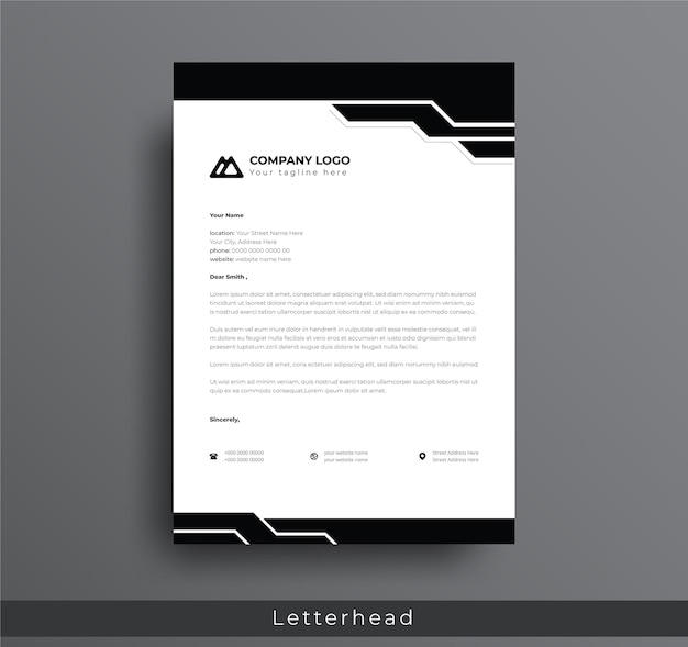 Diseño de membrete negro moderno empresa creativa corporativa profesional membrete limpio A4