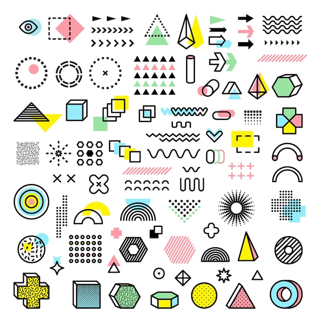Diseño de Memphis. La moda gráfica funkie moderna forma formas geométricas puntos líneas triángulos círculos vector. Ilustración triángulo geométrico de memphis y forma de elemento de moda