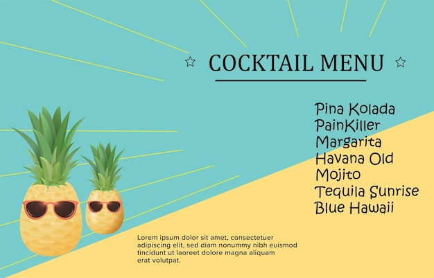 Diseño de menú de cócteles Ilustración vectorial Plantilla de folleto de barra de menú de bebidas alcohólicas