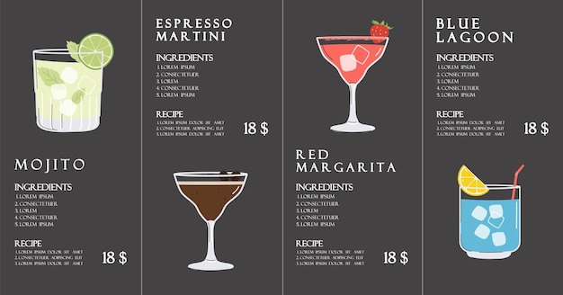 Diseño de menú de cócteles de restaurante de verano estilo minimalista negro bebidas de temporada ilustración