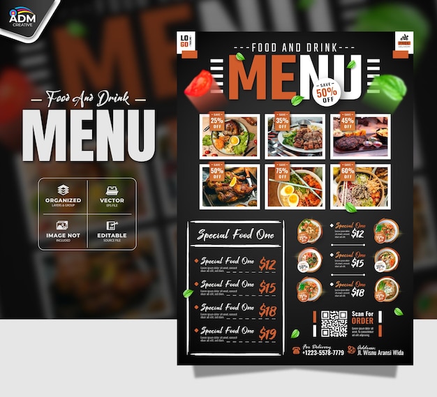 Diseño de un menú de comida deliciosa folleto y folleto