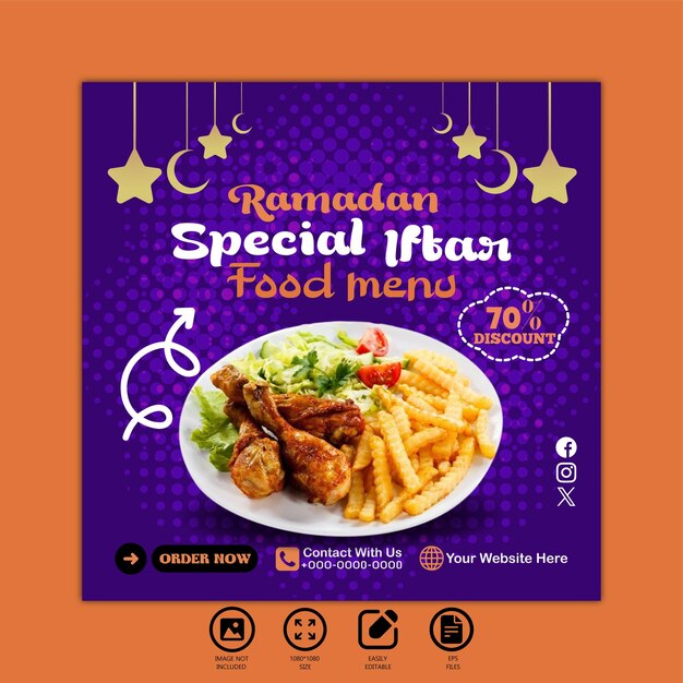 diseño de menú de comida especial de iftar de ramadán y plantilla de publicación en redes sociales