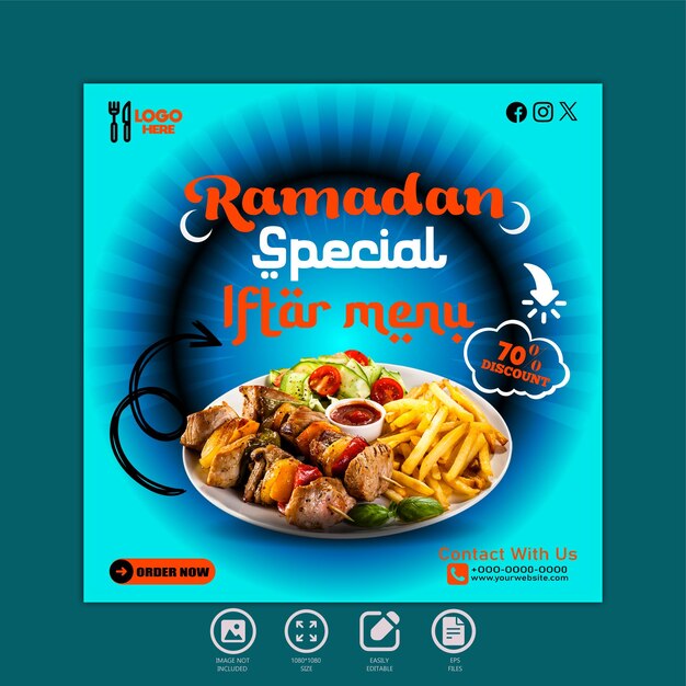 diseño de menú de comida especial de iftar de ramadán y plantilla de publicación en redes sociales