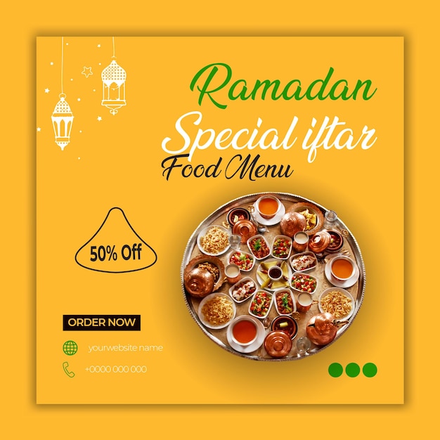 Vector diseño de menú de comida especial de iftar de ramadán y plantilla de publicación en redes sociales